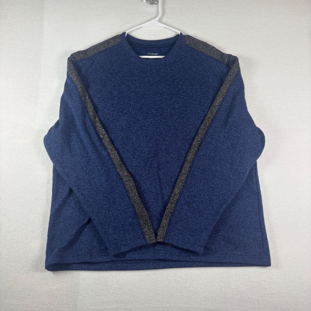 Van Heusen Mens XXL Blue Crewneck Sweater Grey Racing Stripe Classic Fit Soft